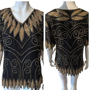 Vintage Jean for Joseph Le Bon 80s Glam Black Gold Pure Silk Statement Top-L